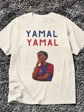 Gildan Cream Graphic Tee with Blue and Red Print